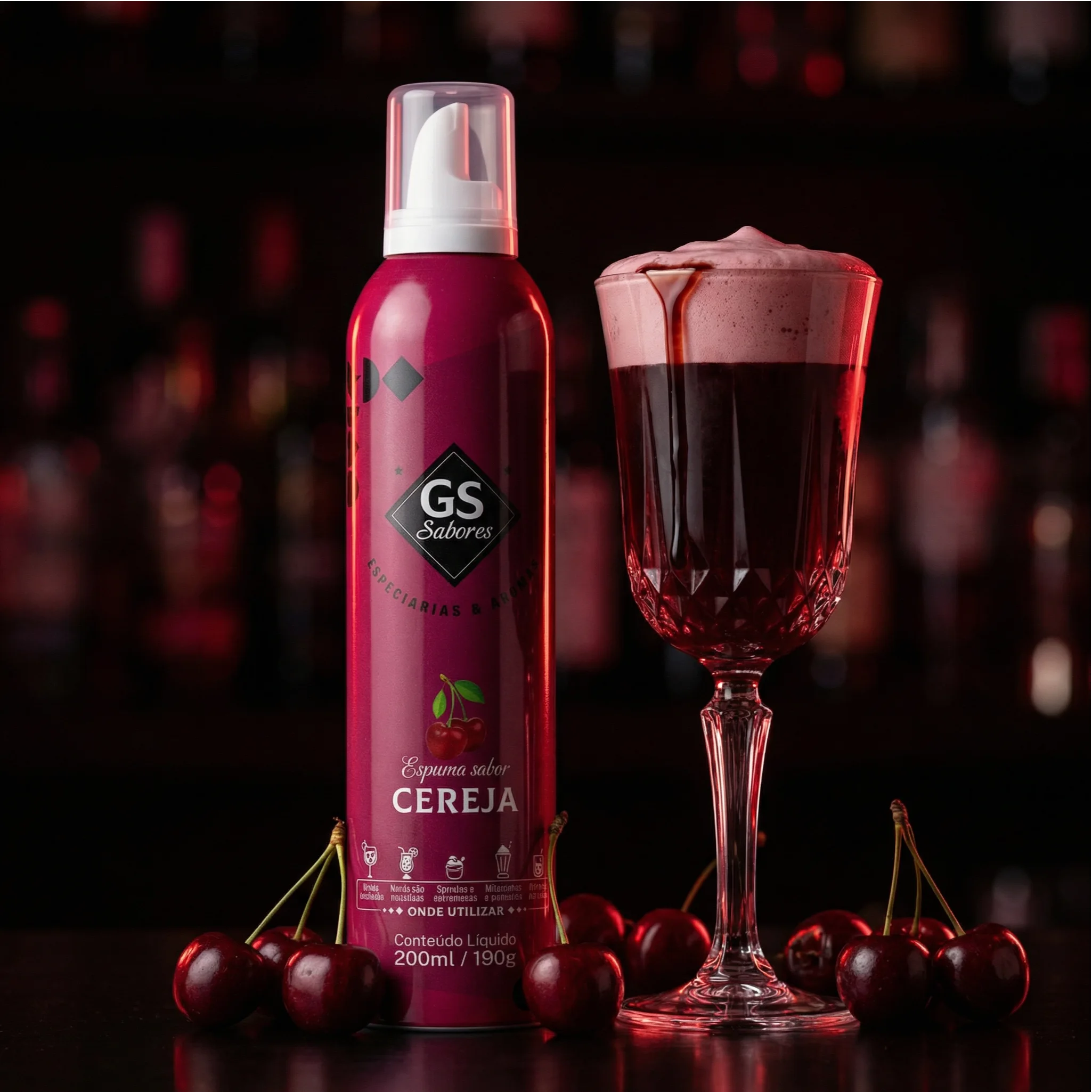 Espuma sabor cereza en una barra