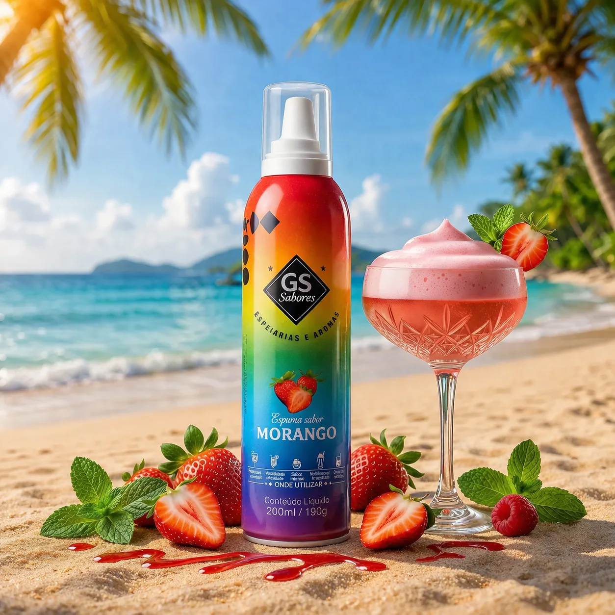 Espuma sabor frutilla en una escena tropical