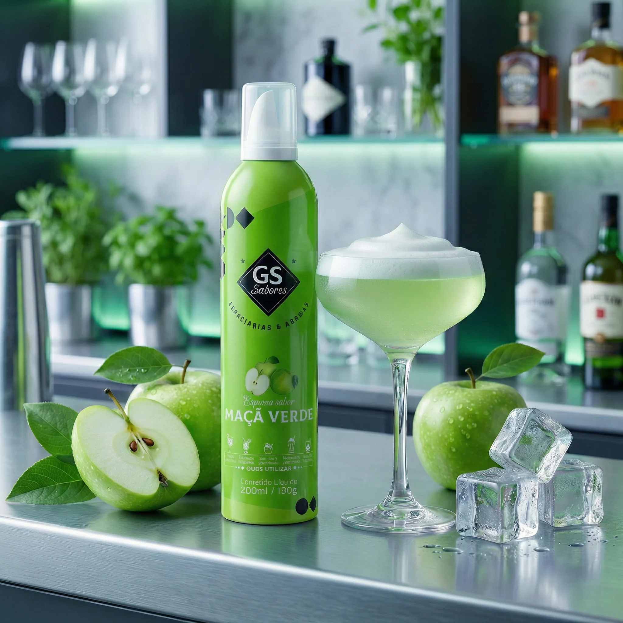 Espuma sabor manzana verde junto a un cóctel con espuma